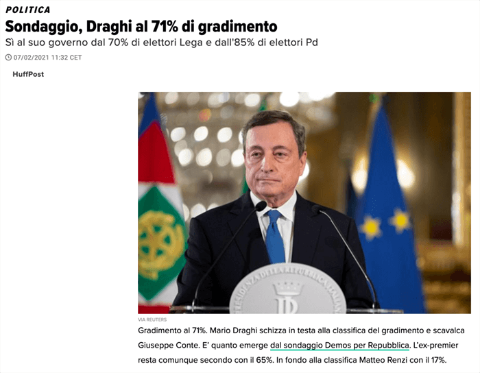 Il 71% degli italiani vuole Draghi al Governo